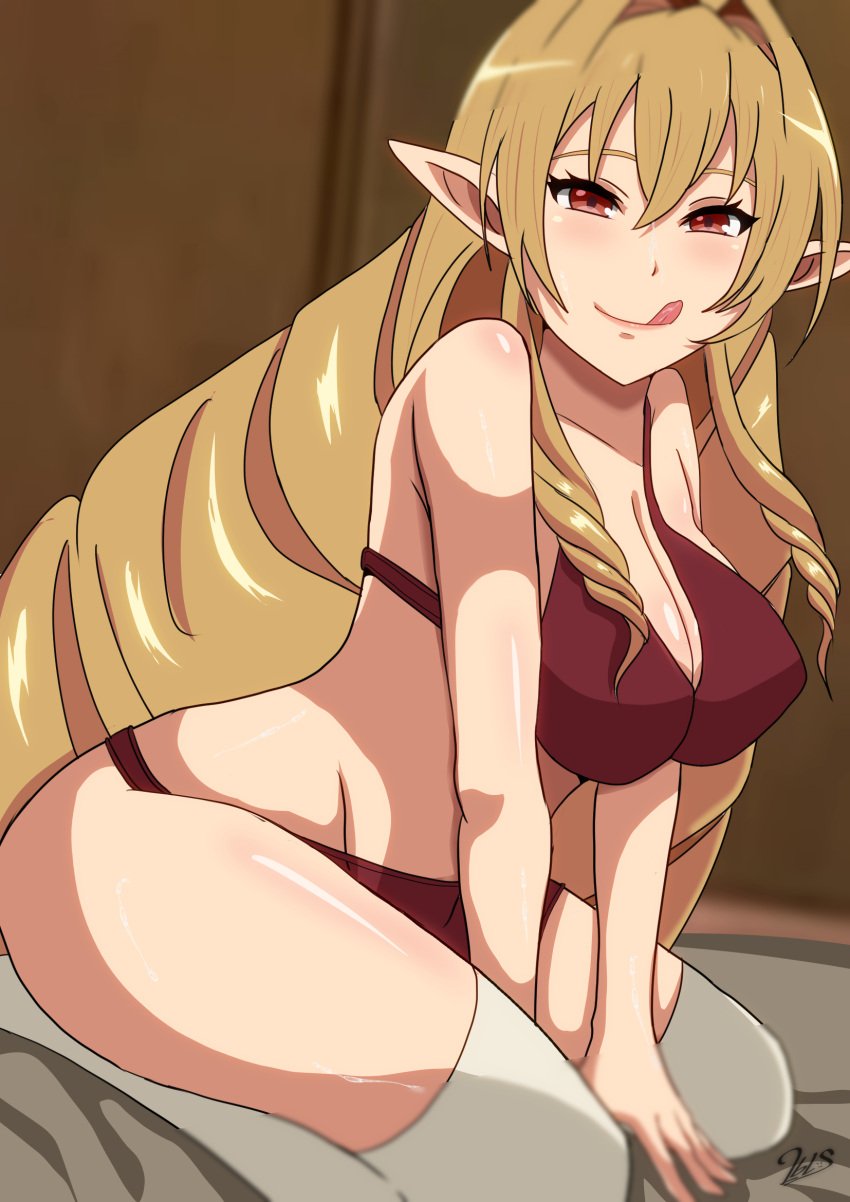 1girls 2bls blonde blonde_hair breasts cock_hungry elf elinalise_dragonroad female horny inviting_to_sex licking_lips looking_at_viewer mushoku_tensei naughty_face pointy_ears red_eyes solo underwear white_legwear