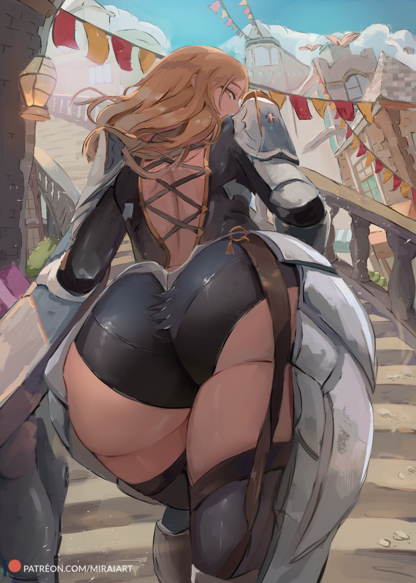 1girls absurd_res armor ass back_cutout bangs black_bodysuit blonde_hair blue_sky bodysuit breasts brown_eyes clothing clothing_cutout dark_blonde dark_blonde_hair dat_ass dirty_blonde dirty_blonde_hair faulds female gauntlets hi_res image kisara_(tales) large_breasts long_hair looking_at_viewer looking_back miraihikari pauldron sandy_blonde sandy_blonde_hair shoulder_armor sky solo solo_female stairs tales_of_(series) tales_of_arise thighs