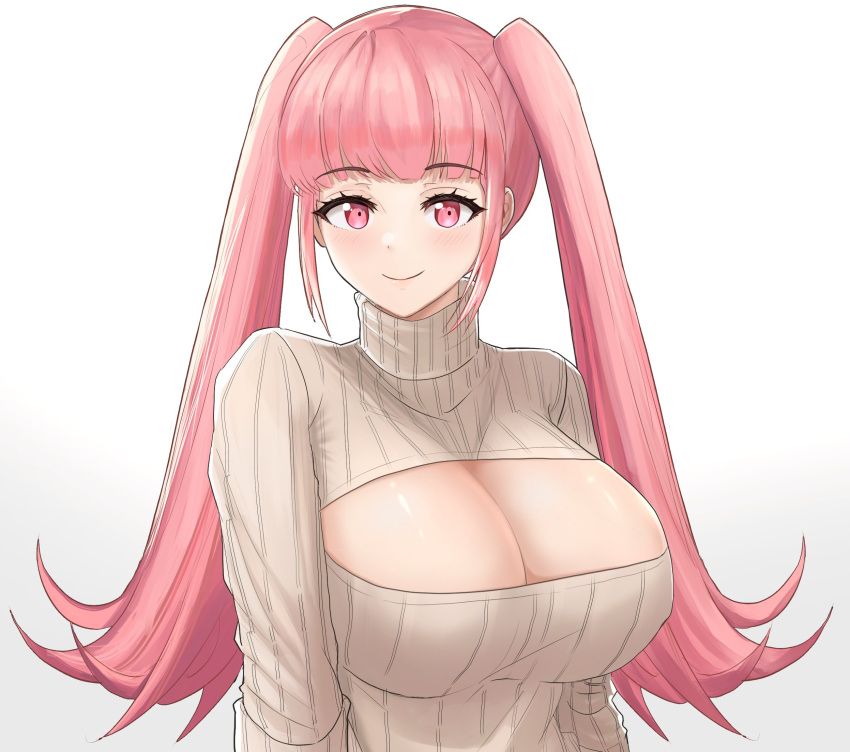 1girls alternate_costume bangs blunt_bangs breasts cleavage cleavage_cutout closed_mouth clothing_cutout commentary desspie english_commentary eyebrows_visible_through_hair female fire_emblem fire_emblem:_three_houses highres hilda_valentine_goneril large_breasts long_hair looking_at_viewer meme_attire naked_sweater nintendo open-chest_sweater pink_eyes pink_hair ribbed_sweater sidelocks simple_background smile solo sweater turtleneck turtleneck_sweater twintails very_long_hair white_background white_sweater