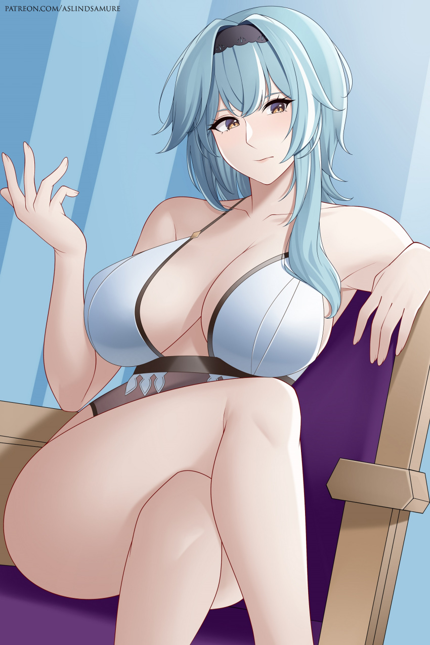 1girls amber_eyes aslindsamure big_breasts blue_hair bra bra_strap breasts cleavage clothed collarbone eula_(genshin_impact) female female_focus female_only genshin_impact hairband hand_on_chair legs legs_crossed light_blue_hair lingerie looking_at_viewer short_hair short_hair_with_long_locks sitting sitting_on_chair solo solo_female solo_focus watermark white_bra