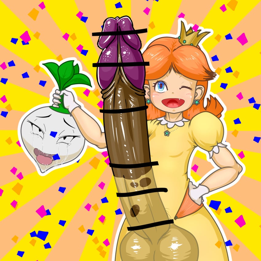 1futa a- ahe_gao balls blue_eyes blush breasts censored clothed clothing confetti crown crying cute_fang dress earrings futa_only futanari hands_on_hips huge_balls huge_cock human hyper hyper_penis light_skin mario_(series) mostly_clothed necklace open_mouth orange_hair pale_skin penis princess_daisy purple_penis retracted_foreskin saliva smile solo standing super_mario_bros. super_mario_bros._2 torn_clothes turnip wink