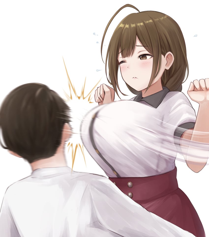 1boy 1girls bangs blush braid breast_slap breasts brown_eyes brown_hair face_slapping_breasts female highres idolmaster idolmaster_shiny_colors kata2yama kuwayama_chiyuki large_breasts long_hair male one_eye_closed powerful_breasts red_skirt shirt short_hair skirt slapping_with_breasts weaponized_breasts white_background white_shirt