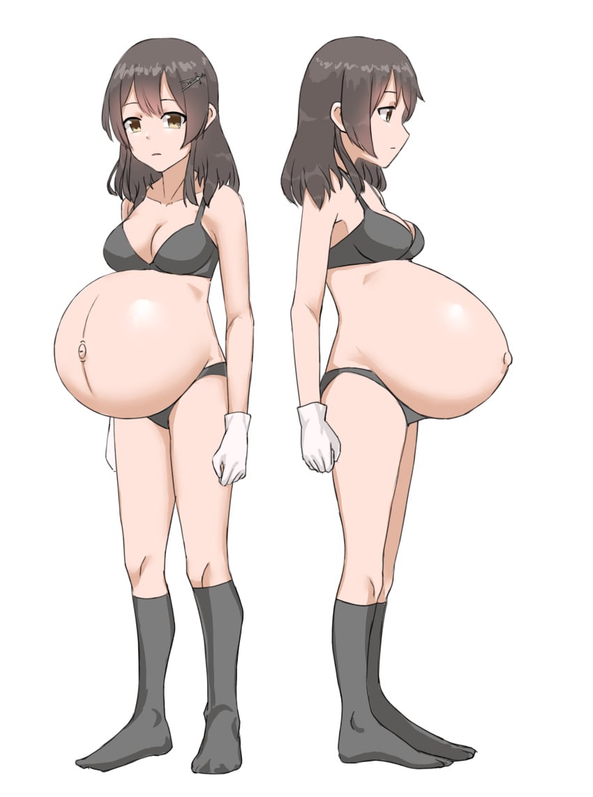 1girls big_belly black_bra black_panties bra brown_hair clothing dark_hair exposed_belly female female_only frontbelly full_body garylin gloves hairclip kantai_collection long_hair matching_underwear open_mouth outie_navel oyashio_(kantai_collection) panties popped_navel pregnant ready_to_pop sidebelly socks solo standing torpedo_belly