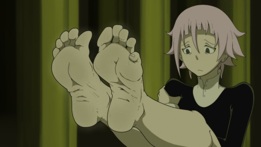 androgynous black_eyes crona_(soul_eater) feet feet_up feminine_male foot_fetish foot_focus kiryu-sketchbook pink_hair showing_feet shy soles solo solo_female solo_focus soul_eater toes wrinkled_feet wrinkled_soles