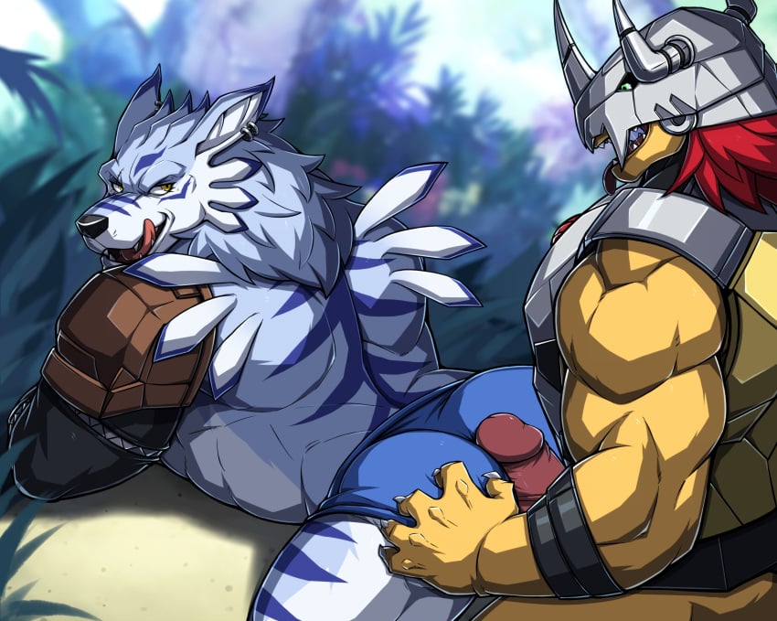 2boys absurd_res anal anal_sex armor ass ass_up bandai_namco big_muscles blue_underwear clothing digimon digimon_(species) drks duo erection fur gay genitals hair hand_on_butt hi_res looking_pleasured male male/male male_only muscular partially_clothed penetration penile penile_penetration penis penis_in_ass penis_on_ass smile tongue tongue_out topwear underwear wargreymon weregarurumon yaoi