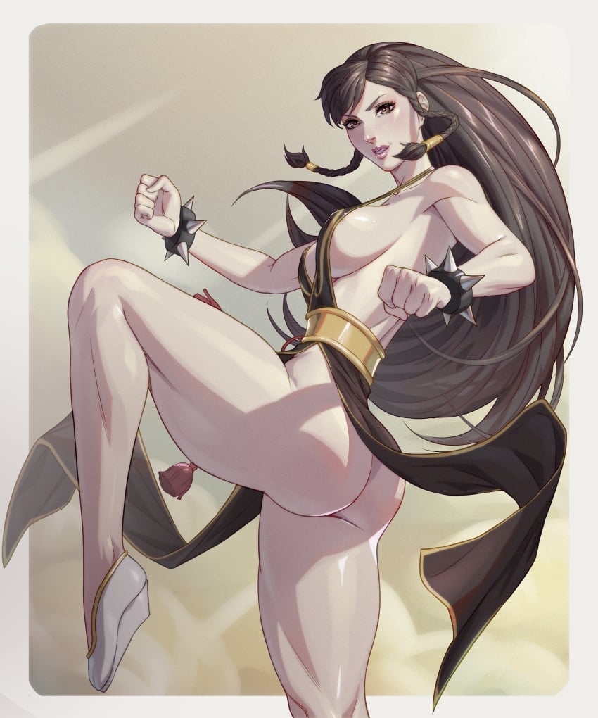 1girls action_pose alternate_costume arttoru ass ass_focus athletic_female black_clothing bracelet braids breasts chun-li chun-li_(battle_ouffit_sfv) clouds female female_focus female_only grey_heels kicking long_hair looking_at_viewer sideboob skinny solo street_fighter thick_thighs white_skin