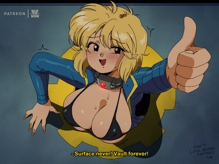 1girls bethesda_softworks bluethebone breasts cleavage collar explosive_collar fallout fallout_(series) female female_only huge_breasts mob_face retro_artstyle solo text vault_girl vault_meat vault_suit