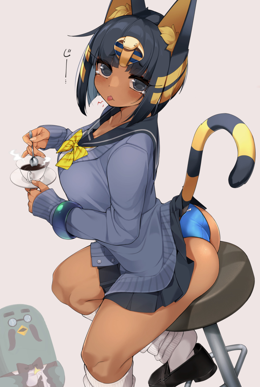 1boy 1girls 2021 animal_crossing animal_ears ankha ass bare_legs black_hair blue_panties blunt_bangs blush bob_cut breasts brewster_(animal_crossing) cat_ears cat_tail catgirl coffee coffee_cup doubutsu_no_mori egyptian female female_focus gijinka gold_highlights hair_ornament hi_res holding_object huge_breasts humanized jovejun kneehighs large_ass loafers loose_socks master_(doubutsu_no_mori) nairu nairu_(doubutsu_no_mori) nintendo panties school_uniform schoolgirl short_hair simple_background sitting sitting_on_chair socks stool tail thick_thighs thighs tongue tongue_out two_tone_hair white_socks