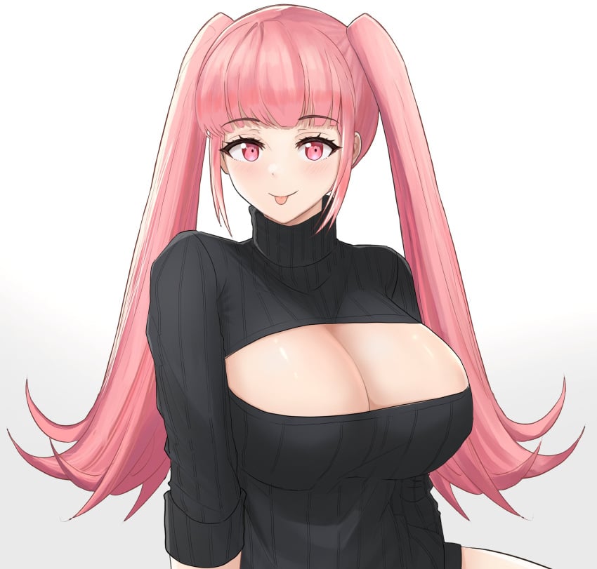 1girls :p alternate_costume bangs black_sweater blunt_bangs breasts cleavage cleavage_cutout closed_mouth clothing_cutout commentary desspie english_commentary eyebrows_visible_through_hair female fire_emblem fire_emblem:_three_houses highres hilda_valentine_goneril large_breasts long_hair looking_at_viewer meme_attire naked_sweater nintendo open-chest_sweater pink_eyes pink_hair ribbed_sweater sidelocks simple_background smile solo sweater tongue tongue_out turtleneck turtleneck_sweater twintails very_long_hair white_background