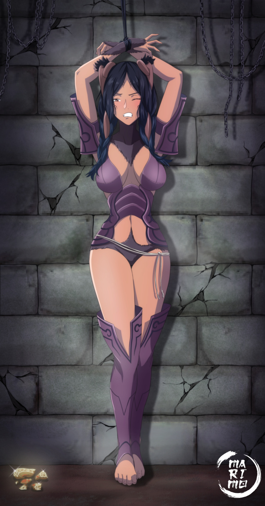 1girls arms_up bad_end bare_thighs barefoot black_hair bondage bound breasts brown_eyes captured captured_heroine clenched_teeth damsel_in_distress dark-skinned_female dark_skin defeated defeated_heroine domination enslaved female female_focus female_only femsub fire_emblem fire_emblem_awakening game_over helpless humiliation kidnapped long_hair marimo_png medium_breasts monster_girl one_eye_closed panne_(fire_emblem) prisoner rabbit_girl sex_slave slavegirl sole_female solo stone submissive submissive_female taguel thighs weapon