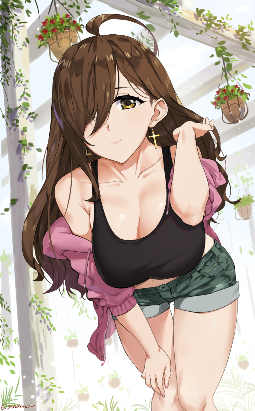 1girls 2018 absurdres ahoge bare_shoulders black_tank_top breasts brown_eyes brown_hair casual cleavage collarbone contemporary crop_top cross cross_earrings denim denim_shorts drawstring earrings female female_focus female_only flower hair_over_one_eye hand_on_own_thigh highres hood hoodie jacket jacket_off_shoulders jewelry kono_subarashii_sekai_ni_shukufuku_wo! large_breasts leaning_forward long_hair looking_at_viewer midriff open_clothes open_jacket outdoors pink_jacket plant potted_plant sendrawz shirt short_shorts shorts smile solo solo_female solo_focus tank_top taut_clothes taut_shirt thigh_gap thighs wiz_(konosuba)