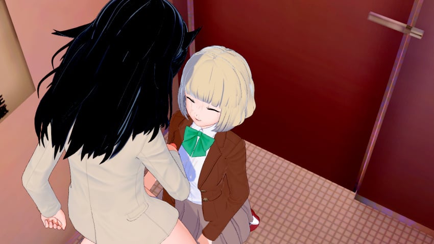 3d after_deepthroat bathroom blowjob clothed clothed_female cum cum_on_face facial female futanari half_dressed koikatsu kuroki_tomoko light-skinned_female light-skinned_futanari messy_hair naruse_yuu oral penis penis_out school school_bathroom standing teenager watashi_ga_motenai_no_wa_dou_kangaetemo_omaera_ga_warui!