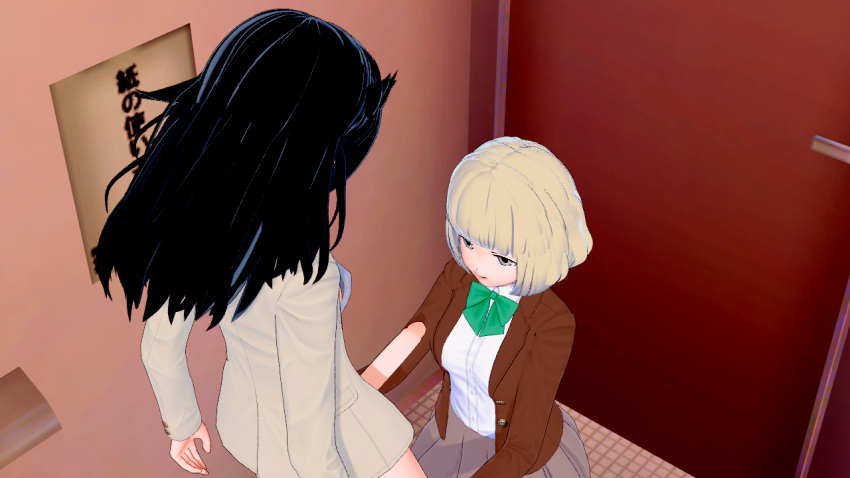 3d bathroom clothed_female futanari half_dressed koikatsu kuroki_tomoko messy_hair naruse_yuu penis_out school school_bathroom standing watashi_ga_motenai_no_wa_dou_kangaetemo_omaera_ga_warui!