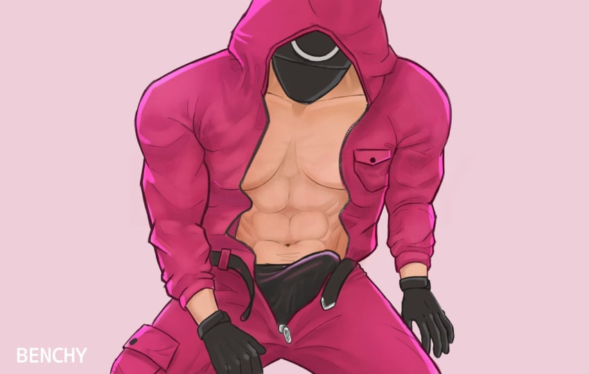 1boy 2021 abs artist_name belt benchy_27 black_gloves black_mask circle_(squid_game) erect_penis erection erection_under_clothes gloves light-skinned_male light_skin lighting male male_focus male_only mask netflix pink_background pink_guard shading simple_background solo solo_focus squid_game unzipped_bodysuit