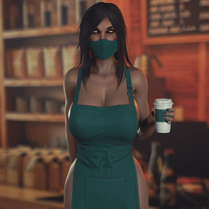 3d apron apron_only barista big_breasts black_hair blender breasts busty cafe casual clothing coffee cute dark_skin excited face_mask fast_food female female_focus female_only happy hourglass_figure iced_latte_with_breast_milk lactation looking_at_viewer mask meme mileena milk monster_girl mortal_kombat mortal_kombat_x outerwear public serving sinaf starbucks uniform waitress wide_hips