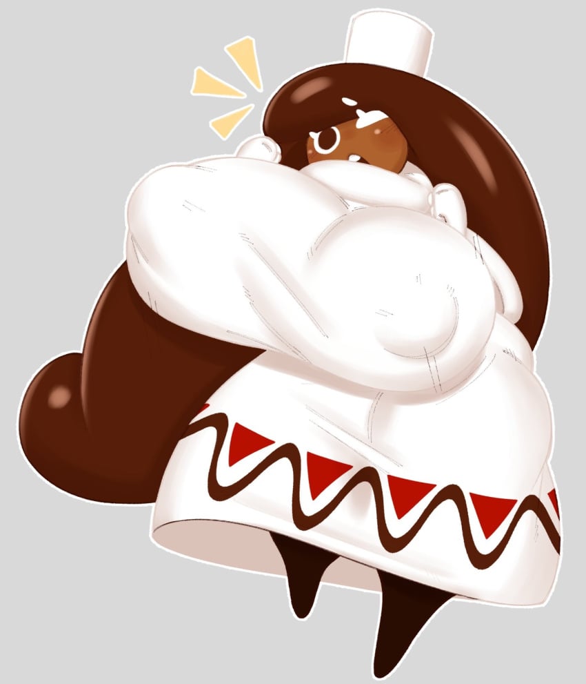 big_breasts big_thighs bouncing_breasts breasts brown_eyes brown_hair clothes cocoa_cookie cookie cookie_run cookiephilia curvy_figure dark-skinned_female female food fully_clothed gomibin_art gray_background huge_breasts hyper_breasts mouth_open nipple_bulge no_sex one_eye_closed simple_background surprised thick_thighs wide_hips