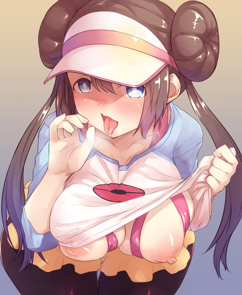 1girls alternate_breast_size areolae big_breasts blue_eyes blush breasts brown_hair double_bun eye_contact female large_breasts looking_at_viewer nintendo nipples oral_invitation pokemon pokemon_bw2 rosa_(pokemon) sexually_suggestive shirt_lift twintails uchihigashi_gura