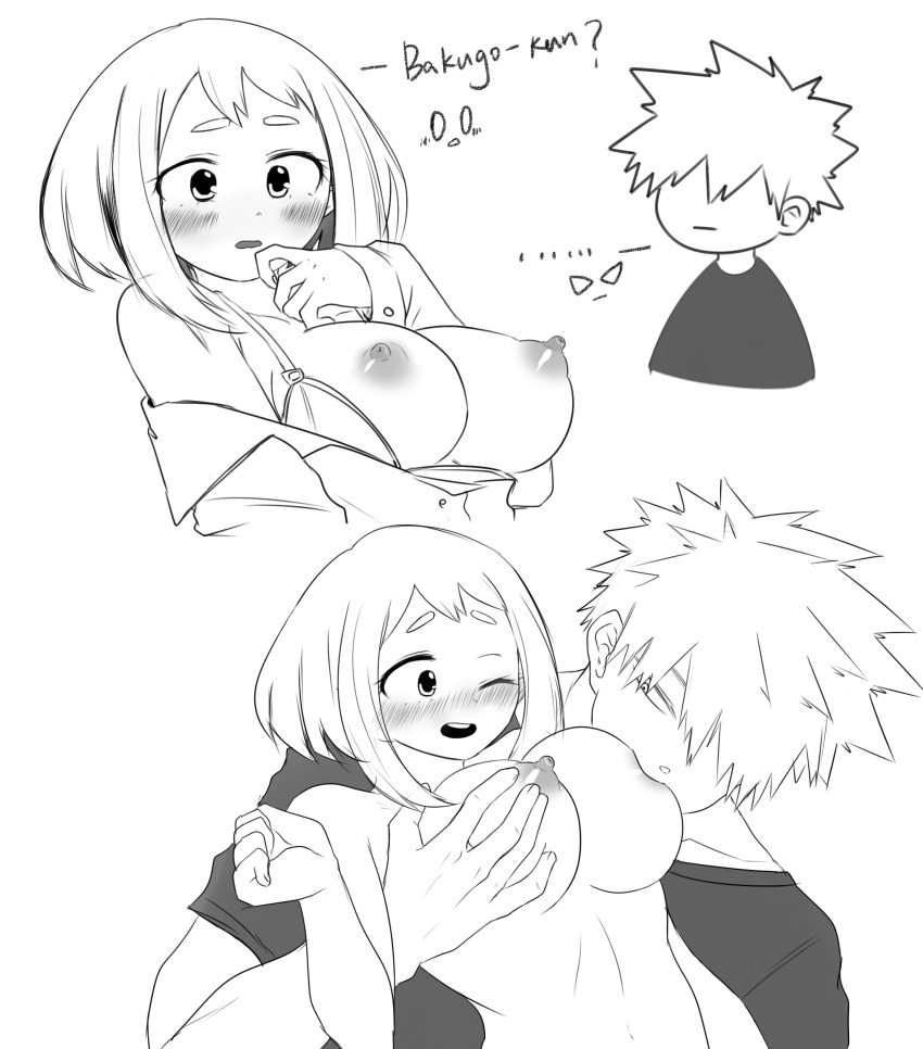 blush breast_sucking breasts clothed_male_nude_female female grchloex groping katsuki_bakugou my_hero_academia nipples ochako_uraraka spiky_hair