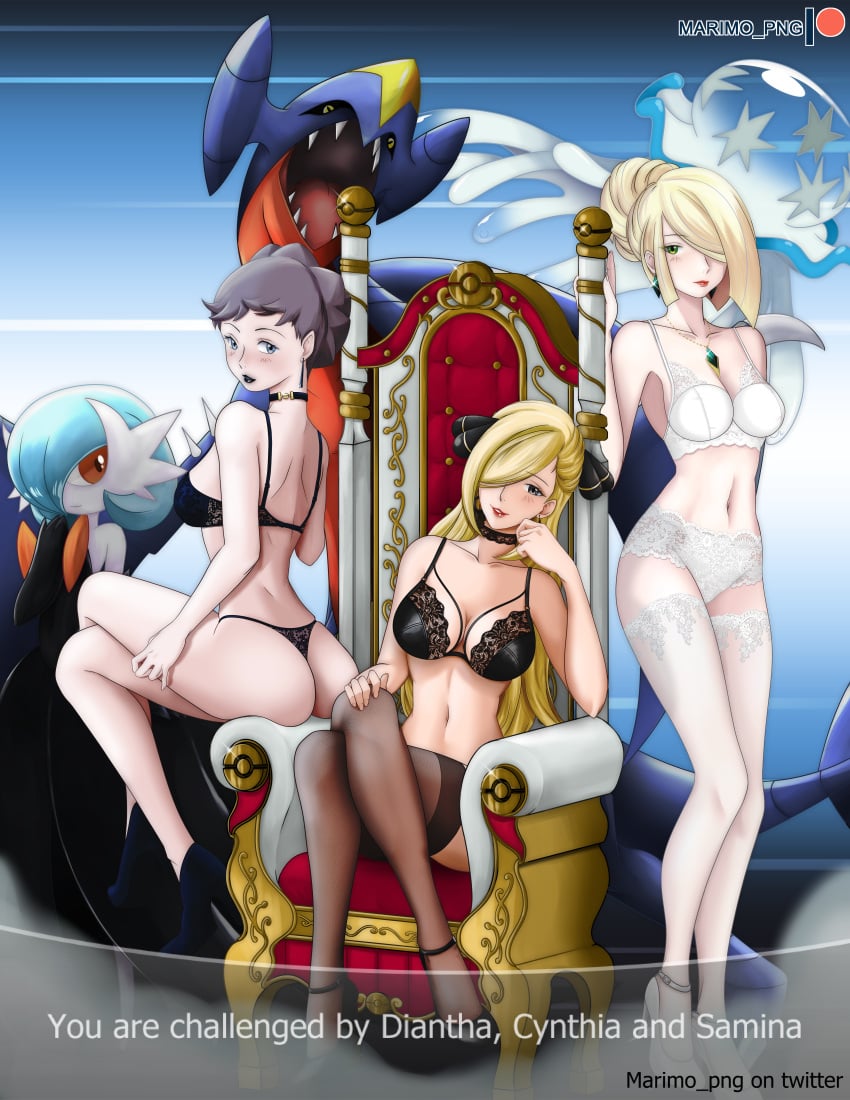 3girls alternate_hairstyle collar cynthia_(pokemon) diantha_(pokemon) earrings english_text female female_only gameplay_mechanics garchomp gardevoir high_heels lingerie lusamine_(pokemon) marimo_png multiple_girls nihilego pokémon_(species) pokemon pokemon_(species) pokemon_battle pokemon_champion pokemon_dppt pokemon_sm pokemon_xy shiny_pokemon sitting stockings text throne