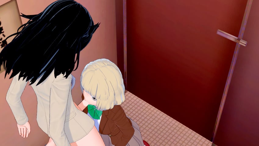 3d bathroom blowjob clothed clothed_female female futanari half_dressed koikatsu kuroki_tomoko light-skinned_female light-skinned_futanari light_skin messy_hair naruse_yuu oral school school_bathroom standing teenager watashi_ga_motenai_no_wa_dou_kangaetemo_omaera_ga_warui!