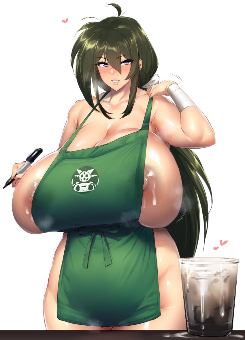 1girls apron apron_only armpits bandaged_arm barely_clothed barely_visible_nipples blush breasts brown_hair chubby curvaceous enormous_breasts female getter-1 getter_robo human hyper hyper_breasts iced_latte_with_breast_milk lactating lactation long_hair magenta_eyes meme naked_apron nipple_slip puffy_nipples rule_63 ryoma_nagare shin_getter_robo_vs_neo_getter_robo sideboob tagme thick_thighs thirty_8ght tied_hair