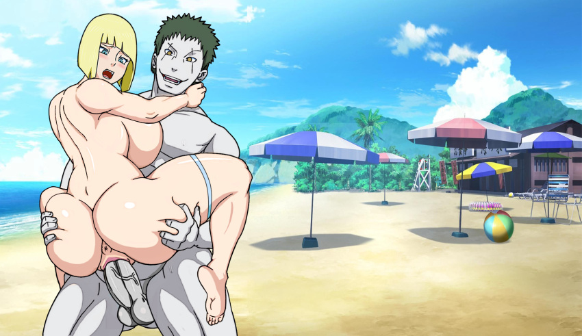 1boy 1girls ass ass_grab barefoot beach big_breasts blunt_bangs blush bob_cut breasts breasts_bigger_than_head carrying completely_nude duo duo_focus feet female green_hair huge_breasts human leg_strap long_hair looking_back looking_down male naked naruho naruto naruto_(series) naruto_shippuden open_mouth outdoors penetration penis samui sex shounen_jump sideboob smile stand_and_carry_position standing vaginal_penetration vaginal_sex voluptuous yellow_eyes zetsu