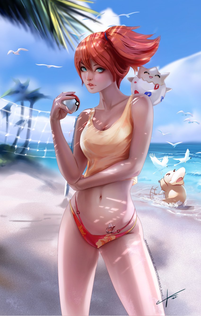 asymmetrical_hair beach bikini blush bra breasts by-ek clothing eyelashes female game_freak gen_1_pokemon green_eyes gym_leader hair_between_eyes hair_tie high_resolution holding holding_object holding_poke_ball kasumi_(pokemon) large_filesize navel nintendo open_mouth orange_hair poke_ball poke_ball_(generic) pokemon pokemon_(anime) pokemon_(classic_anime) pokemon_(game) pokemon_character pokemon_rgby pokemon_species ponytail psyduck sand shirt short_hair side_ponytail source_request suspenders swimsuit tank_top tattoo tied_hair togepi underwear very_high_resolution water yellow_shirt