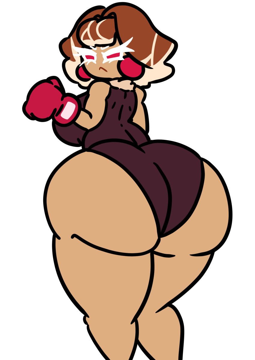 angry_face big_ass boxing_gloves brown_hair chocolate_bonbon_cookie cookie_run earrings huge_ass inakotho large_breasts leotard looking_at_viewer thick_thighs