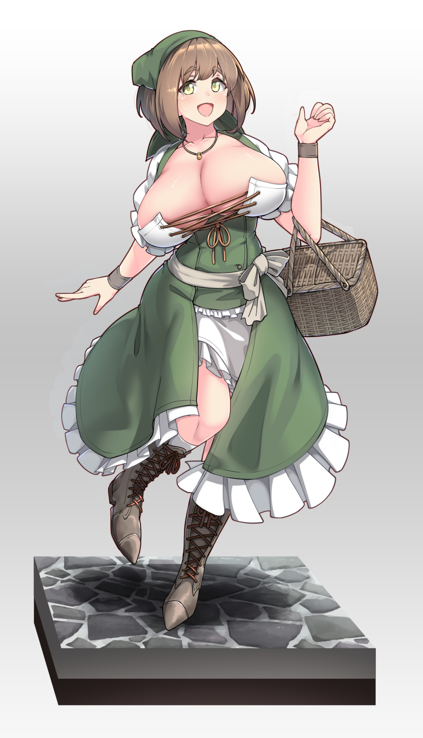 bandana basket big_breasts boots brown_hair cleavage corset dress female frills full_body headkerchief huge_breasts kerchief looking_at_viewer necklace no_bra open_mouth original peasant peasant_woman ryuun_(stiil) short_hair smile solo standing thick_eyebrows village_girl_(konoshige) villager wrist_cuffs yellow_eyes