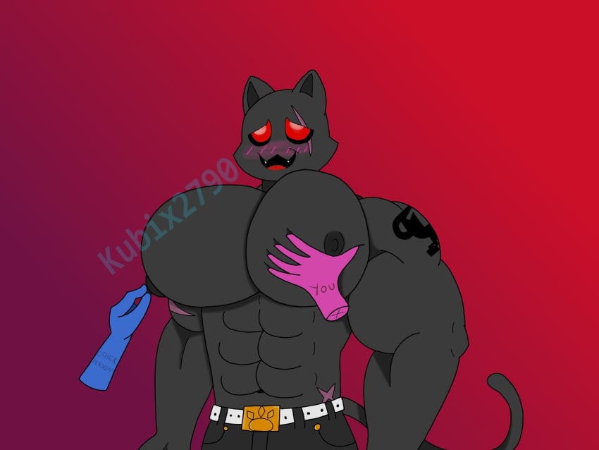 abs big_pecs bighotdaddycat blush domestic_cat feline fortnite fortnite:_battle_royale male male_only mammal meowscles_(fortnite) muscles muscular muscular_male nipple_pinch nipple_play nipples pec_grasp pecs shadow_meowscles_(fortnite) smile topless video_games