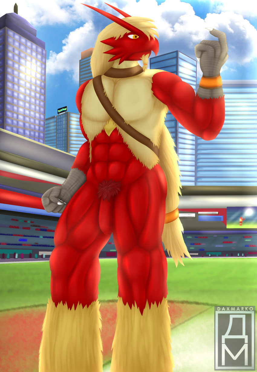 absurd_res anthro audience blaziken blonde_hair building daxmarko foreskin fur furryrex_(artist) genitals group hair hi_res long_hair male mostly_nude nintendo penis pokemon pokemon_(species) pubes red_body solo solo_focus stadium video_games yellow_body yellow_fur