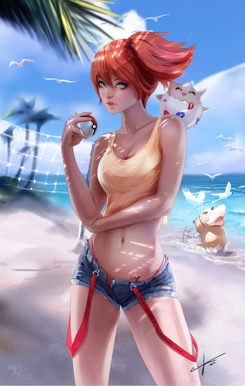 asymmetrical_hair beach blush breasts by-ek clothing erick_castro eyelashes female game_freak gen_1_pokemon goldeen green_eyes gym_leader hair_between_eyes hair_tie high_resolution holding holding_object holding_poke_ball kasumi_(pokemon) large_filesize navel nintendo open_mouth orange_hair poke_ball poke_ball_(generic) pokemon pokemon_(anime) pokemon_(classic_anime) pokemon_(game) pokemon_rgby ponytail psyduck sand shirt short_hair short_shorts shorts side_ponytail source_request suspenders tank_top tattoo tied_hair togepi very_high_resolution water yellow_shirt yellow_tank_top