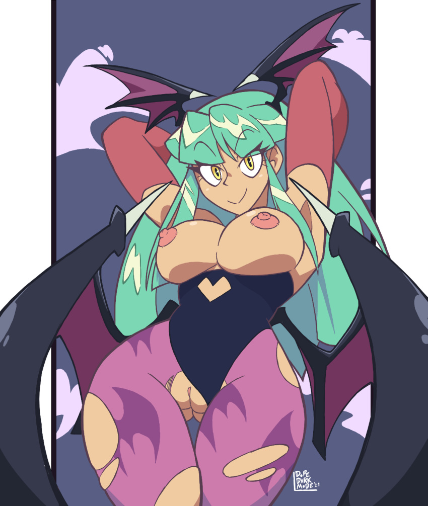 animal_print arms_behind_head bat_print black_leotard breasts breasts_out clothing darkstalkers dopedarkmode female green_hair head_wings large_breasts leotard_aside medium_breasts morrigan_aensland nipples pussy smile solo succubus torn_clothes torn_clothing torn_pantyhose vampire_(game) wings yellow_eyes