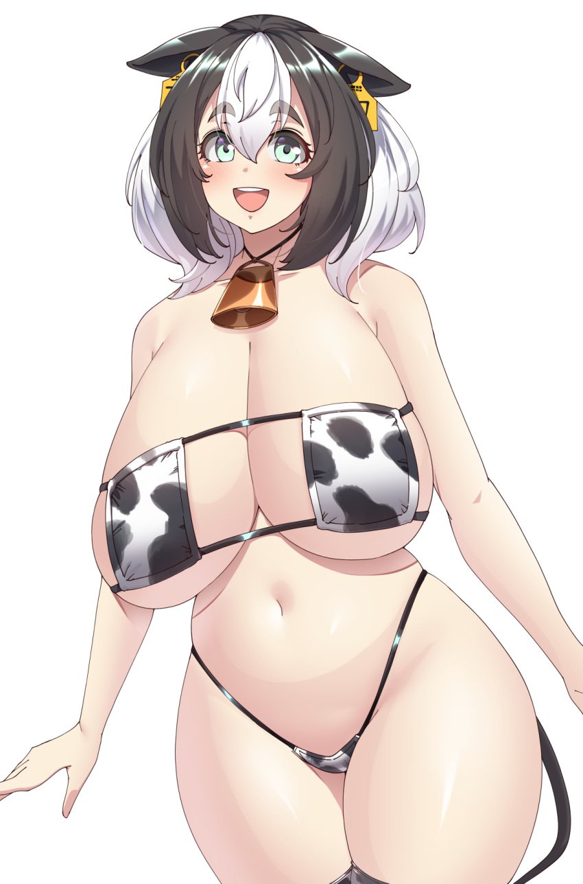 big_breasts bikini black_hair blue_eyes cleavage cow_bikini cow_ears cow_girl cow_girl_(konoshige) cow_print cow_tail cowbell ear_tag eyepatch_bikini female female_only huge_breasts looking_at_viewer original ryuun_(stiil) sagging_breasts smile solo thick_eyebrows thick_thighs two_tone_hair underboob white_hair wide_hips