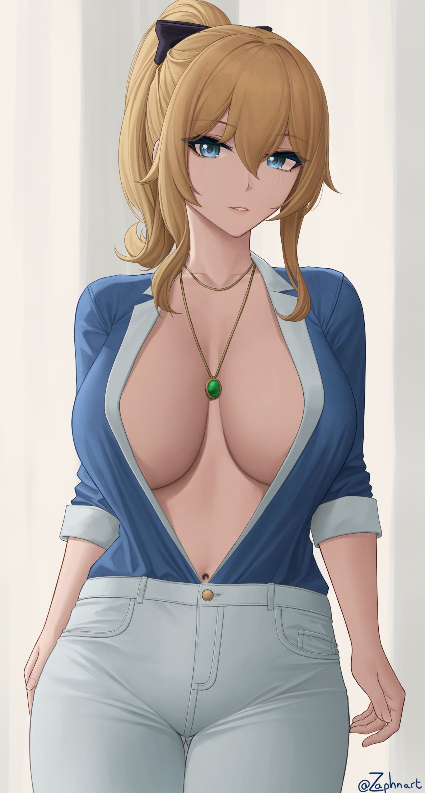 1girls belly_button big_breasts blonde_hair blouse blue_eyes breasts cleavage collar eyelashes eyeliner female female_only genshin_impact jean_gunnhildr large_breasts lipstick long_hair looking_at_viewer makeup necklace open_shirt pants ponytail shirt solo solo_female zaphn