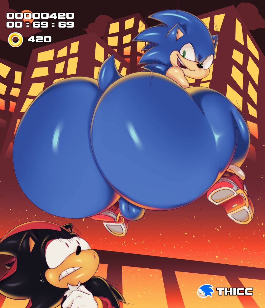 anthro ass balls big_ass big_butt blue_body clothing duo eulipotyphlan femboy genitals gloves green_eyes handwear hedgehog hi_res huge_butt imminent_facesitting looking_back male male_only mammal scared sega shadow_the_hedgehog smile sonic_(series) sonic_the_hedgehog sonic_the_hedgehog_(series) trashdrawy video_games