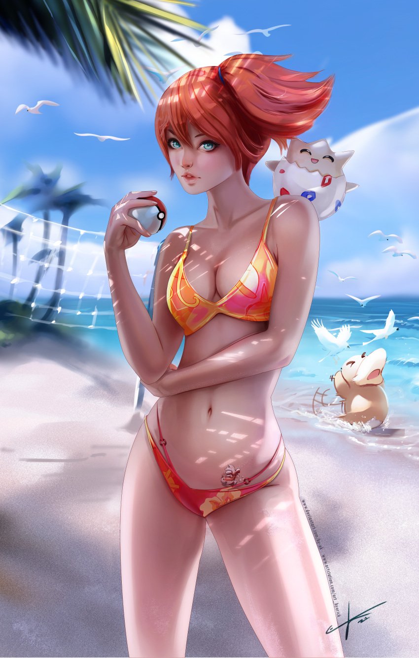 asymmetrical_hair beach bikini blush bra breasts by-ek clothing erick_castro eyelashes female game_freak gen_1_pokemon green_eyes gym_leader hair_between_eyes hair_tie high_resolution holding holding_object holding_poke_ball kasumi_(pokemon) large_filesize misty_(pokemon) navel nintendo open_mouth orange_hair poke_ball poke_ball_(generic) pokemon pokemon_(anime) pokemon_(classic_anime) pokemon_(game) pokemon_character pokemon_rgby pokemon_species ponytail psyduck sand short_hair side_ponytail source_request suspenders swimsuit tattoo tied_hair togepi underwear very_high_resolution water