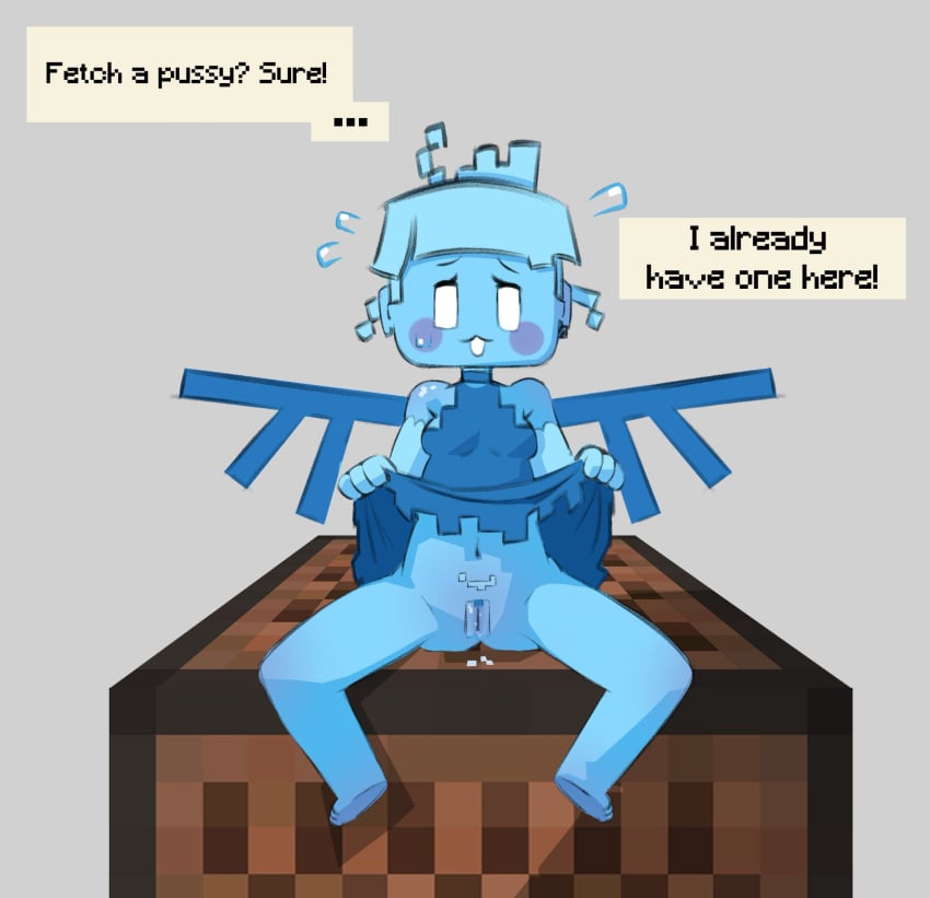 1girls 2021 allay_(minecraft) belly_button blue_dress blue_hair blue_skin blue_wings blush breasts dress dress_lift eyelashes fairy female female_only furrycho grey_background minecraft minigirl mob_face mob_vote note_block pubic_hair pussy pussy_juice sweating text text_bubble white_eyes wings