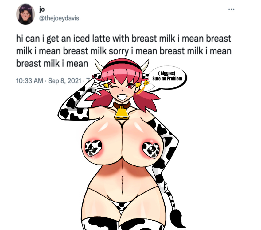 cow_girl cow_horns cow_print cow_tail cowbell cowgirl iced_latte_with_breast_milk lactation meme milk milk_drip nintendo nipples_visible_through_clothing pokemon shiftymermaid whitney_(pokemon) year_of_the_ox