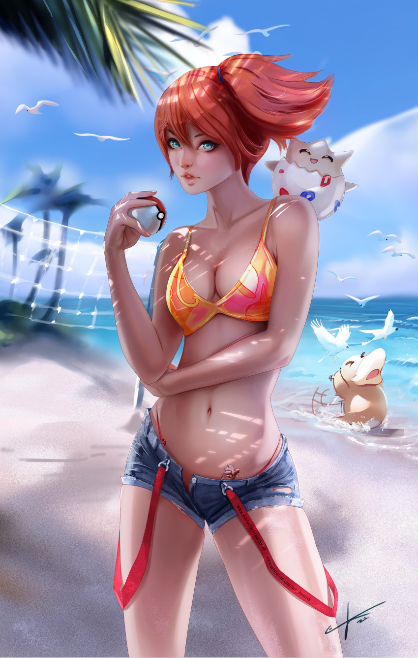 asymmetrical_hair beach blush bra breasts by-ek clothing eyelashes female game_freak gen_1_pokemon goldeen green_eyes gym_leader hair_between_eyes hair_tie high_resolution holding holding_object holding_poke_ball kasumi_(pokemon) large_filesize misty_(pokemon) navel nintendo open_mouth orange_hair poke_ball poke_ball_(generic) pokemon pokemon_(anime) pokemon_(classic_anime) pokemon_(game) pokemon_character pokemon_rgby pokemon_species ponytail psyduck sand short_hair short_shorts shorts side_ponytail source_request suspenders tattoo tied_hair togepi underwear very_high_resolution water