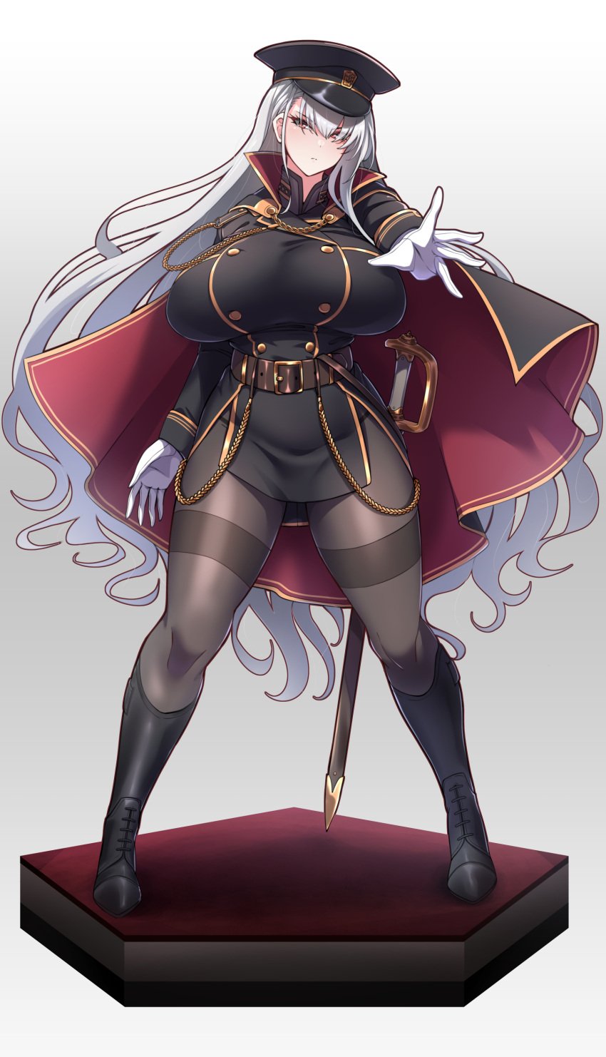 belt big_breasts boots cape chains female full_body fully_clothed gloves long_hair military_hat military_officer_(konoshige) military_uniform original pantyhose red_eyes ryuun_(stiil) short_dress side_slit silver_hair solo standing sword thick_thighs thighband_pantyhose very_long_hair white_gloves white_hair