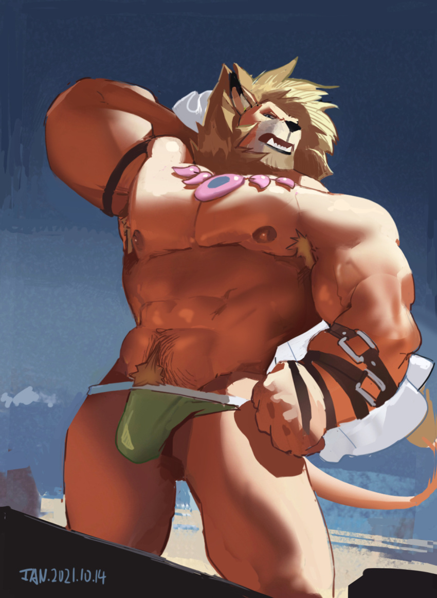 1boy armpit_hair bandai_namco body_hair bulge clothing digimon digimon_(species) genital_outline green_underwear hi_res jiandou leomon male male_only mane muscular nipples penis_outline solo solo_male underwear