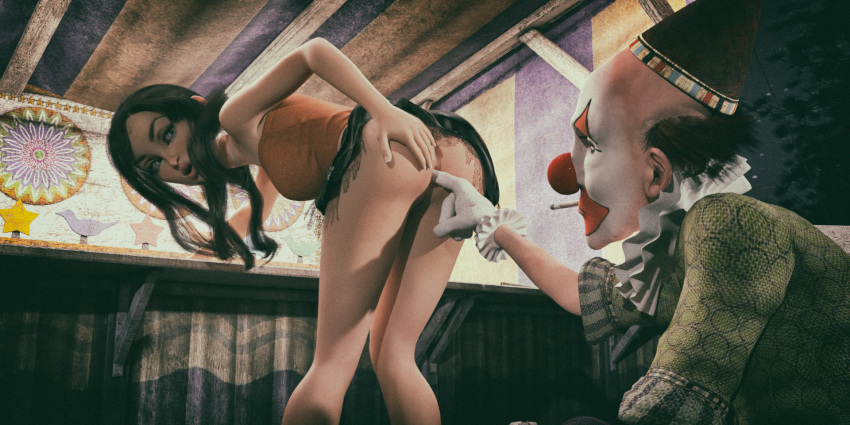 1boy 1girls 3d black_hair bottomless carnival clown female fingering lipstick looking_back red_lipstick silky58 skirt