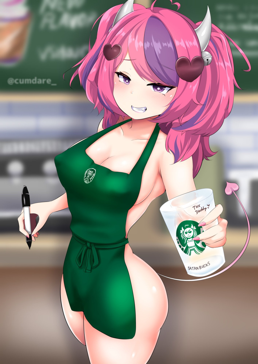 apron barista clothing cumdare demon_tail fast_food horns iced_latte_with_breast_milk ironmouse meme naked_apron nipple_bulge outerwear solo starbucks uniform virtual_youtuber vshojo