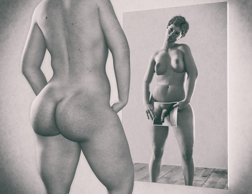 3d female female_only gender_confusion greyscale medium_breasts mirror photo_(object) silky58 solo solo_female