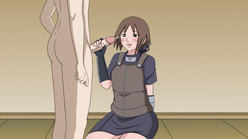 1boy 1girls black_eyes blush brown_hair climax clothed_female_nude_male clothed_sex cum cum_on_face cumshot dress_shirt duo ejaculation faceless_male female female_focus handjob jikage_rising kneeling male matsuri_(naruto) naruto naruto_(series) naruto_shippuden neckwear penis smilingdog standing sunagakure_symbol vest