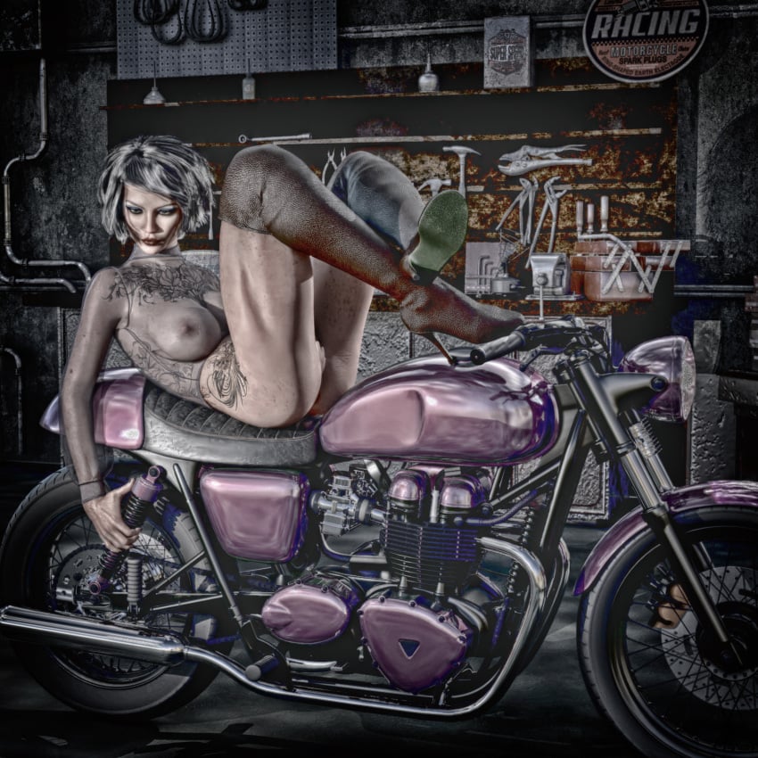 3d blonde_hair bottomless chest_tattoo desaturated lipstick motorcycle pinup red_lipstick side_tattoo silky58 tagme tattoo