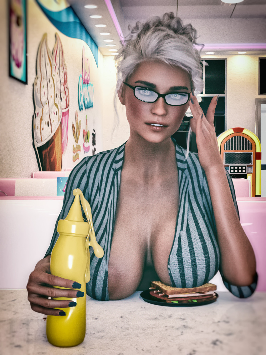 3d blonde_hair glasses hanging_breasts large_breasts looking_at_viewer nipple_slip open_shirt pinup public silky58