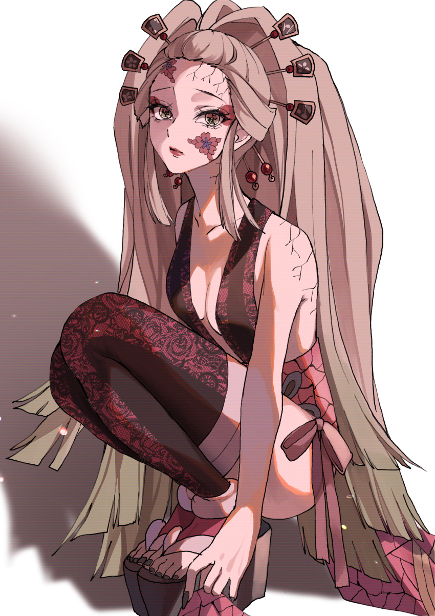 breast_cutout breasts daki_(kimetsu_no_yaiba) demon_slayer eyelashes facepaint feet female green_eyes hair_ornament high_resolution kimetsu_no_yaiba large_filesize long_hair looking_at_viewer no_pants no_socks obi okobo pantsu platform_clogs platform_footwear sash sideboob solo squatting thighhighs underwater underwear very_high_resolution wafuku white_background white_hair yogukasu