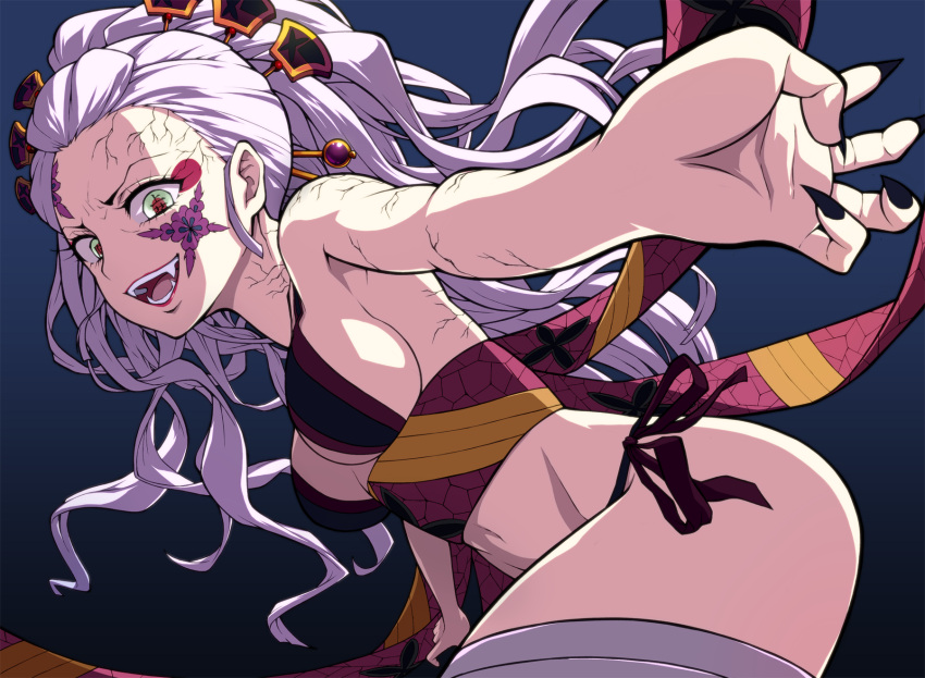 black_nails black_panties black_underwear blue_background breast_cutout breasts cleavage clothing cowboy_shot crack crazy_eyes crazy_smile daki_(kimetsu_no_yaiba) dark_background demon_girl demon_slayer facial_mark fangs female fingernails floating_hair floral_print gradient gradient_background green_eyes hair_ornament hair_pulled_back hairpin high_resolution jewelry kimetsu_no_yaiba long_hair looking_at_viewer maazyu medium_breasts midriff nail_polish navel obi open_mouth outstretched_arms pantsu red_pupils revealing_clothes sharp_fingernails side-tie_panties sideboob silver_hair solo standing stomach teeth text_in_eyes tied_hair underwear very_long_hair white_hair